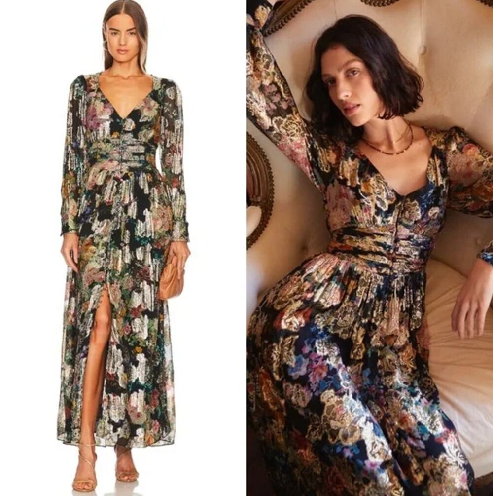 Hemant & Nandita Rafa Maxi Dress Women's M Black Floral Metallic NWT Boho